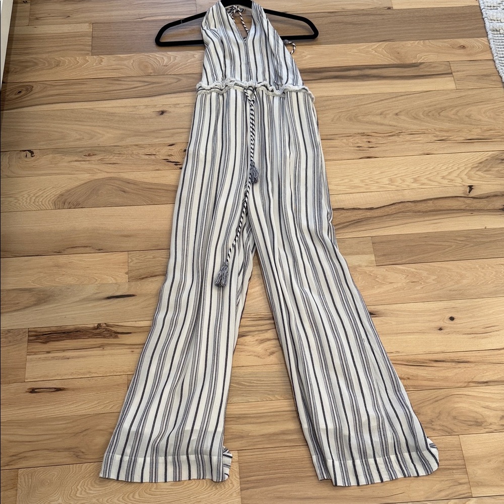 Sleeveless Striped V-Neck Jumpsuit with Braided Tie - White & Navy